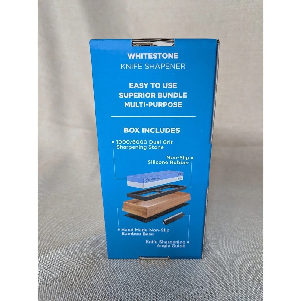 Sharp Pebble Whetstone Knife Sharpener Blue NIB 1000/6000 Dual Grit Bamboo Base